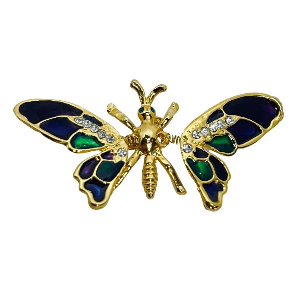 Gold Tone Rhinestone & Enamel Butterfly Brooch With Articulating Wings (5902)